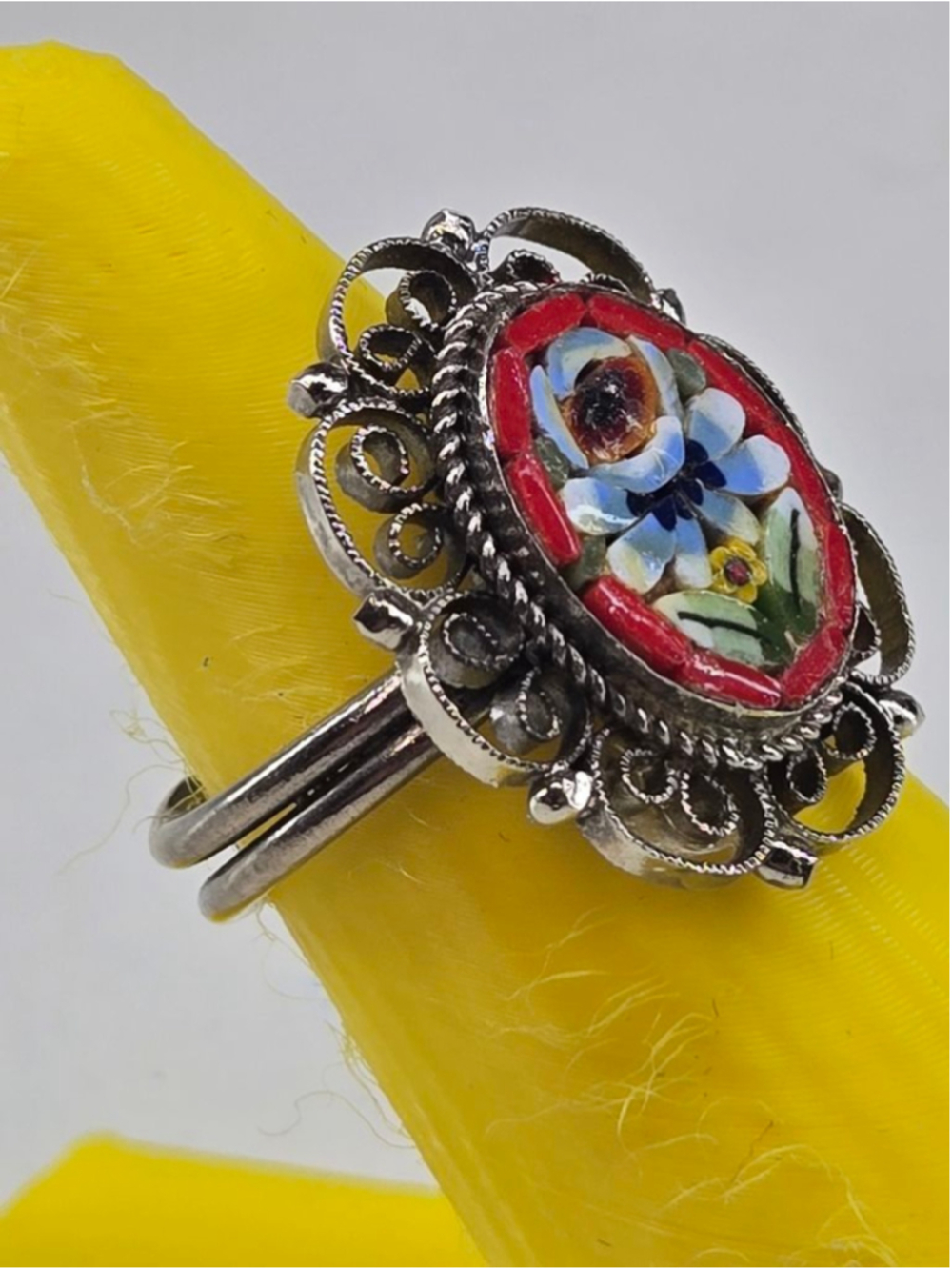 Micro Mosaic Ring Adjustable Ornate Silver Oval Frame Red Blue Floral Detailed - Picture 4 of 9